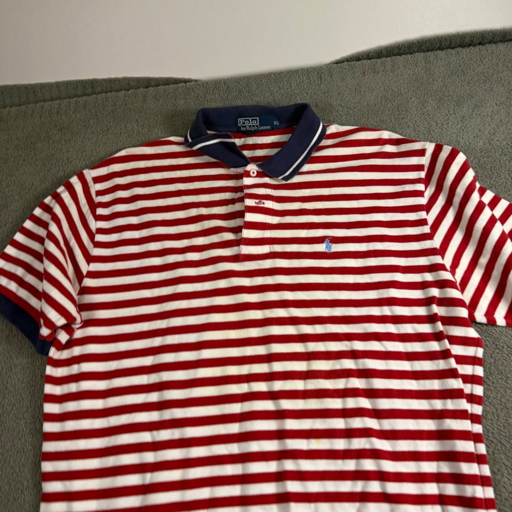 Polo Ralph Lauren Mens XL Red White Striped Short Sleeve Pique Polo Shirt Navy